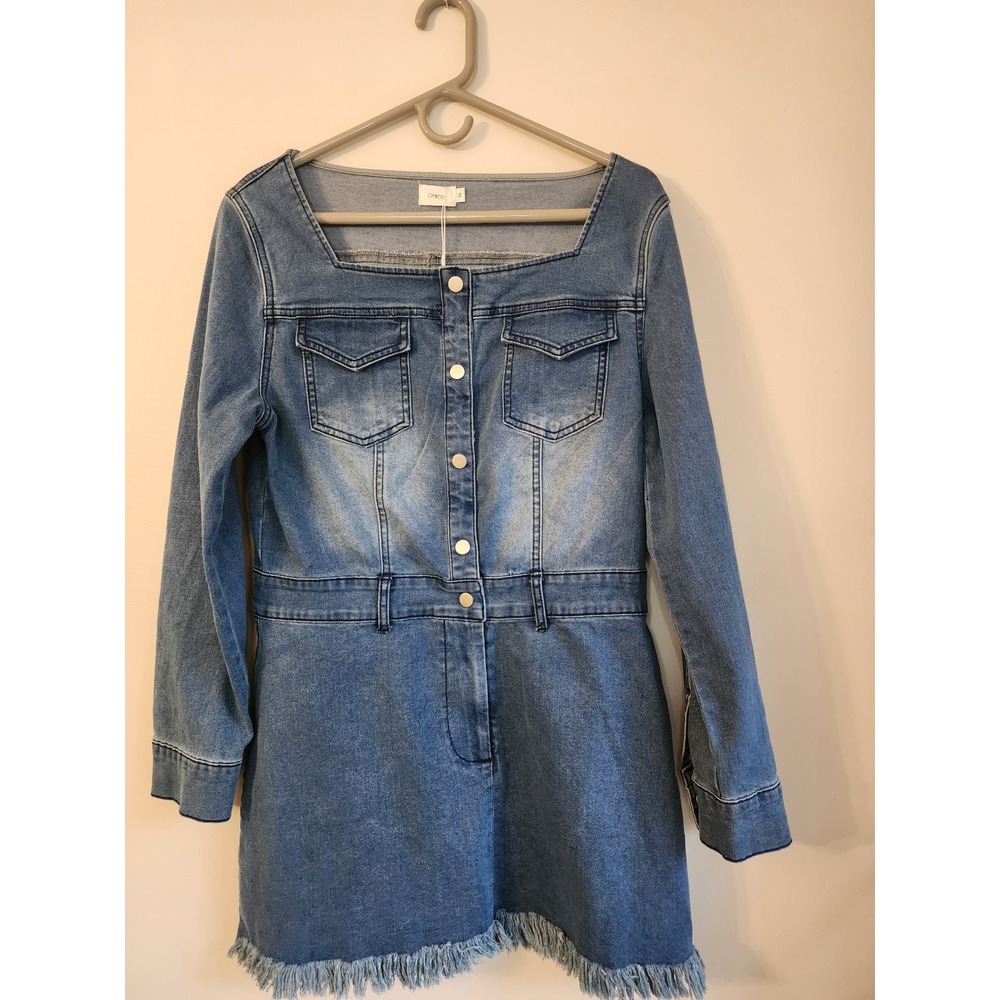 Oyrosy Western Denim Mini Dress M Cowgirl Fringe Frayed Square Neck Y2K Boho NWT